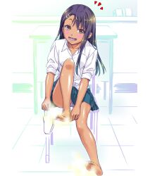 1girls black_hair blush brown_eyes clothed clothing earrings feet female_focus female_only hayase_nagatoro hi_res long_hair looking_at_viewer open_mouth please_don't_bully_me,_nagatoro revealing_clothes simple_background skirt smelly_feet smile solo tanline tanned undressing uniform upskirt winter-night_(artist)