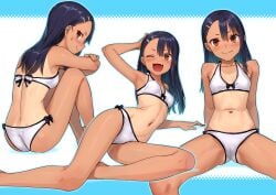 1girls black_hair breasts brown_eyes cleavage clothed clothing earrings female_focus female_only hayase_nagatoro hi_res kawakami_rokkaku long_hair looking_at_viewer looking_back navel on_side open_mouth please_don't_bully_me,_nagatoro pose revealing_clothes shy simple_background small_breasts smile solo spread_legs sweat tan tanned wink