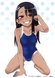 1girls 774_(nanashi) all_fours black_hair blush breasts brown_eyes clothed clothing earrings female_focus female_only hayase_nagatoro hi_res japanese_text long_hair navel please_don't_bully_me,_nagatoro pose revealing_clothes simple_background small_breasts solo spread_legs tan tanline tanned text translation_request watermark