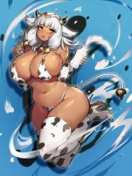 1girls absurdres animal_ears animal_print ash_(fire_emblem) ass bangs bell bikini black_horns blush bottle breasts choker cleavage cow_ears cow_girl cow_print cow_tail cowbell dark-skinned_female dark_skin elbow_gloves female female_only fire_emblem fire_emblem_heroes full_body gloves gold_trim gurimjang high_heels highres horns huge_breasts milk milk_bottle navel nintendo plump red_lips silver_hair swimsuit tail thick_thighs thigh_boots thighs yellow_eyes