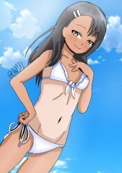 1girls beach bikini black_hair blush breasts brown_eyes chd172_(artist) chrisdorian chrisdorian17_(artist) clothed clothing earrings female_focus female_only hayase_nagatoro hi_res long_hair navel please_don't_bully_me,_nagatoro revealing_clothes simple_background small_breasts smile solo standing tan tanline tanned watermark