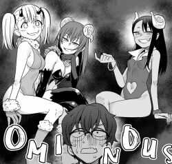 1boy 3girls 774_(nanashi) big_breasts black_background black_hair blonde_hair blush breasts clothed clothing demon_girl demon_horns demon_tail gamo-chan hayase_nagatoro monochrome naoto_hachioji_(senpai) navel open_mouth please_don't_bully_me,_nagatoro revealing_clothes short_hair sideboob simple_background small_breasts smile sweat yoshi_(nagatoro)