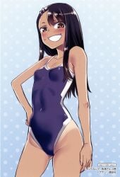 1girls 774_(nanashi) black_hair blush breasts brown_eyes clothed clothing earrings female_focus female_only hayase_nagatoro hi_res japanese_text long_hair navel please_don't_bully_me,_nagatoro pose revealing_clothes simple_background small_breasts solo sweat swimsuit tan tanline tanned text translation_request watermark