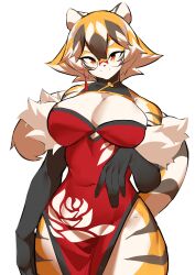 1girls amber_eyes anthro arknights aspirindabaitu big_breasts breasts china_dress chinese_clothes clothed female fur_trim furry glasses looking_at_viewer mx99926 smile solo solo_female tagme tiger tiger_girl waai_fu_(arknights)