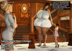 3d big_breasts breasts clothed clothing comic dress english_text female high_heels huge_breasts large_breasts mini_giantess redfired0g size_difference smaller_female text white_dress