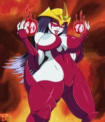 black_hair duel_monster elemental_hero_burstinatrix erect_nipples female fire gauntlets green_eyes large_breasts long_hair pussy smash-d solo yu-gi-oh!