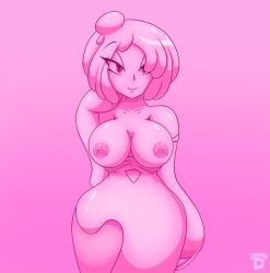 dress female large_breasts monster_girl pink_background pink_skin shantae short_hair slime slime_girl slimegal smash-d smile smooth_skin solo