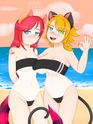 2girls animal_ears bathing_suit beach belly belly_button blonde_hair blue_eyes cat_ears cat_girl cat_tail catgirl green_eyes gris_swimsuit kemonomimi large_breasts medium_breasts medium_hair multiple_girls nekomatic nervous nipple_bulge ocean open_mouth pink_hair pussy_bulge red_hair short_hair shy smile smiling swimsuit wet wet_body wet_skin