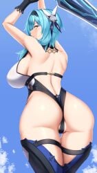 1girls akitsuki_karasu arched_back arms_up ass ass_cheeks ass_focus back back_view backboob bangs bare_shoulders big_ass big_breasts big_butt blue_hair bodysuit breasts butt butt_focus cloud detailed_background eula_(genshin_impact) female genshin_impact hair_between_eyes hair_ornament hips huge_ass huge_breasts huge_butt large_ass large_breasts leotard looking_at_viewer looking_back partially_visible_vulva pussy_lips shiny_skin short_hair shoulders sideboob sky slim_waist small_waist solo standing sweat sweatdrop sweaty sword thick thick_ass thick_thighs thigh_gap thigh_highs thigh_strap thighhighs thighs tight_clothing underboob waist weapon wide_hips