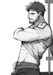 1boy abs beard belt black_and_white clothed dark_hair genshin_impact holmesdmode human male male_only moustache muscular shirt_lift solo wagner_(genshin_impact)