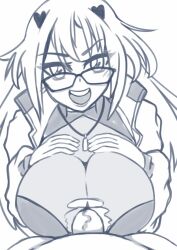 1boy 1girls breast_squeeze clothed_female_nude_male clothed_paizuri female glasses heart-shaped_pupils large_breasts male_pov monochrome paizuri phase_connect phase_origins pov rinkou_ashelia steveman symbol-shaped_pupils torn_clothes virtual_youtuber