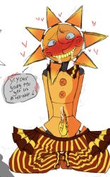 1boy anthro artist_request clothed clothing daycare_attendant_(fnaf) drooling english english_text exposed_penis five_nights_at_freddy's five_nights_at_freddy's:_security_breach floating_hearts frilles head_tilt heart-shaped_pupils humanoid male_only on_knees precum pulled_down_pants robot_humanoid robot_joints semi_clothed speech_bubble sun_rays sundrop tentacle_penis