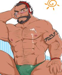 1boy abs bara beard blush bulge chest_hair cum cum_on_body cum_on_boy cum_on_pectorals facial_hair feet_out_of_frame glasses glensaru green_male_swimwear highres implied_yaoi large_pectorals league_of_legends looking_at_viewer malcolm_graves male male_focus male_only male_swimwear mature_male muscular muscular_male navel navel_hair nipples no_humans official_alternate_costume pectorals pool_party_graves pool_party_series short_hair solo solo_male stomach swim_briefs thick_thighs thighs topless_male