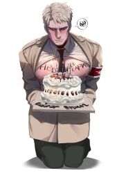 1boy absurdres attack_on_titan bara bare_pectorals between_pectorals blonde_hair blush cake candle clothes_lift cum cum_on_body cum_on_boy cum_on_pectorals facial food full_body happy_birthday highres holding holding_food kneeling kyojinjoa large_pectorals male male_focus male_only marley_military_uniform necktie necktie_between_pectorals pectorals reiner_braun shingeki_no_kyojin shirt_lift short_hair solo underpec