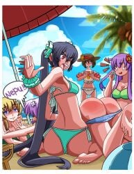 !! 5girls alternate_skin_color barkyhito beach big_ass bikini_bottom bikini_top black_hair blanc blonde_hair bracelet breasts english_text goddess hand_up legs_up long_hair multiple_girls nepgear neptune_(neptunia) neptunia_(series) noire open_mouth panties_down purple_hair smile spank_marks spanking tree umbrella vert