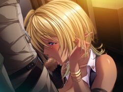 1boy bangs blonde_hair blush bracelet breasts censored cleavage collarbone dark-skinned_female dark_elf dark_lord_(game) dark_skin elf eyebrows_visible_through_hair fellatio female game_cg hair_between_eyes hand_in_hair indoors jewelry long_hair mosaic_censoring nanamika_(dark_lord) natsuhiko oral penis_on_face pointy_ears purple_eyes shiny shiny_skin wing_collar