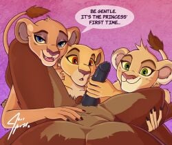 anthro cub disney felid female first_person_view furry group jace_apollo kiara kovu lion male male/female mammal pantherine penis speech_bubble the_lion_king tiifu young zuri_(tlg)