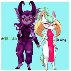 1boy 1girls bat cute demon demon_hunter female fox furry fursona goat horns kesong male muscular_male nihilish_(nihilishn) nihilishn pangolin tattoo xingzuo_temple