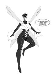 1girls ant-man_(series) avengers big_breasts black_and_white cleavage female female_only human human_only indralvspaizuri janet_van_dyne light-skinned_female light_skin marvel marvel_comics monochrome pinup solo speech_bubble wasp_(marvel)