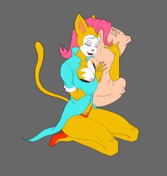 anthro closed_eyes erect_nipples fangs feline female furry heels horus1998 kneeling monique_pussycat nipples open_mouth orange_fur pillow pink_hair pink_nails pubic_hair red_heels super_fuck_friends tail