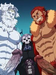 3boys 41raco abs bara bare_pectorals beard blue_sclera boner cape colored_sclera completely_nude dark-skinned_male dark_penis dark_skin erection facial_hair fate/grand_order fate/zero fate_(series) fur-trimmed_cape fur_trim gay grin hair_intakes highres iskandar_(fate) king_hassan kirupi large_pectorals long_beard long_hair looking_at_viewer looking_down male male_focus male_only mask mature_male multiple_boys muscular muscular_male navel navel_hair nipples nude pale_skin pectorals penis pixelated red_cape red_eyes red_hair retard short_hair skull skull_mask smile stomach take_your_pick text_censor translation_request veins veiny_penis very_long_hair white_body white_hair white_skin yaoi zeus_(fate)