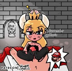 absurdres blonde_hair blue_eyes bowsette commission fanart feet female femdom footjob highres hungryotaku2 male mario mario_(series) new_super_mario_bros._u_deluxe nintendo penis princess_peach self_upload super_mario_bros.