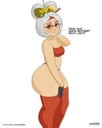 bandana big_ass dialogue exhibitionism glasses glasses_on_head gloves grey_hair luleivon massive_ass massive_thighs nintendo purah purah_(tears_of_the_kingdom) talking_to_another tears_of_the_kingdom text text_bubble the_legend_of_zelda thick_thighs thigh_highs thighhighs tube_top tubetop