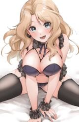 alternate_costume black_legwear blonde_hair blue_eyes blush bra breasts female girls_und_panzer hair_intakes highres kay_(girls_und_panzer) komekueyo lace large_breasts leaning_forward lingerie long_hair panties purple_bra scrunchie smile spread_legs underwear white_background wrist_scrunchie