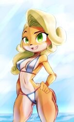 1girls activision anthro beach bikini bikini_bottom bikini_top blonde_hair coco_bandicoot crash_(series) crash_bandicoot_(series) fur furry green_eyes jaynator1 jaynatorburudragon ponytail small_breasts solo summer video_games wide_hips