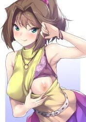 1girls anzu_mazaki armpits bra bra_lift brown_hair female female_focus green_eyes happy lifting_shirt looking_at_viewer mazaki_anzu medium_breasts miniskirt nipples nukkoru pink_nails presenting_breasts purple_bra purple_skirt short_hair skirt sleeveless sleeveless_turtleneck smiling_at_viewer solo_female solo_focus tea_gardner uncensored yu-gi-oh! yu-gi-oh!_duel_monsters yu-gi-oh!_the_dark_side_of_dimensions