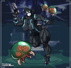 alternate_breast_size biceps big_muscles black_hair black_sclera blue_eyes breasts busty captainxero dark_samus dark_zero_suit_samus female forsakun gun large_breasts legs metroid metroid_(creature) muscles muscular muscular_female muscular_thighs nintendo pale-skinned_female pale_skin ponytail solo thick_thighs weapon zero_suit