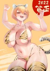 2022 amaaay_zing animal_ears armpits arms_up bikini blonde_hair breasts chinese_zodiac female fingernails huge_breasts looking_at_viewer nail_polish new_year oerba_yun_fang original print_bikini red_eyes short_hair smile solo swimsuit tail tiger_ears tiger_print_bikini tiger_tail year_of_the_tiger yellow_nails