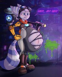 2022 anthro belly big_belly blue_eyes boots clothing dialogue digestion digestion_noises eyewear eyewear_on_head female footwear goggles goggles_on_head hammer lombax mammal metal_arm navel outie_navel ratchet_and_clank rhysscribbles rivet_(ratchet_and_clank) scarf solo sony_corporation sony_interactive_entertainment speech_bubble standing suit tools torn_clothing video_games vore