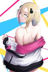 1girls blonde_hair blue_eyes earrings eroinclero female female_only jacket jacket_partially_removed light-skinned_female light_skin multicolored_hair phase_connect phase_origins pink_hair rinkou_ashelia side_boob solo undressing virtual_youtuber