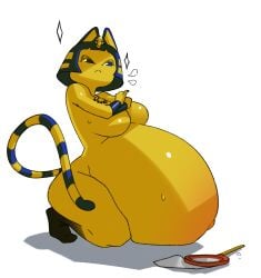 2021 animal_crossing ankha anthro belly big_belly breasts covering_breasts female furry large_belly nintendo precioustimespent pregnant source_request thighs torpedo_belly vore yellow_fur