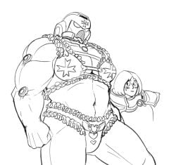 1boy adepta_sororitas adeptus_astartes bara bara_tiddies bara_tits black_carapace black_templars female heart imperium_of_man lewdbees_(artist) lingerie male_focus male_lingerie masked masked_male muscular muscular_male sister_of_battle sketch space_marine warhammer_(franchise) warhammer_40k