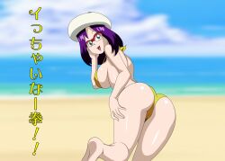 1girls ass ass beach bikini breasts dragon_ball dragon_ball_super female female female_focus female_only green_eyes hat light-skinned_female light_skin looking_at_viewer purple_hair rozie sideboob smile smiling_at_viewer solo solo_female solo_focus su_roas