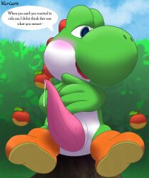 absurd_res animal_genitalia animal_penis apple bashful big_penis blush bodily_fluids cum dialogue digital_media_(artwork) dinosaur dripping english_text erection food fruit genital_fluids genitals grass green_yoshi hi_res leaking leaking_cum leaking_precum looking_away looking_down male male_only mario_(series) nintendo open_mouth outside penis plant precum precum_drip precum_string presenting reptile scalie shy sky smile solo speech_bubble super_mario_bros. tapering_penis text tongue tree_stump varium video_games yoshi