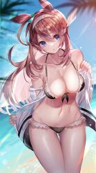 :o animal_ears bangs bare_shoulders bikini black_bikini blue_eyes breasts brown_hair chiachun0621 cleavage collarbone commentary female female frilled_bikini frills front-tie_top groin hairband halter_top halterneck highres horse_ears jacket large_breasts long_hair looking_to_the_side midriff mihono_bourbon_(umamusume) navel off_shoulder outdoors palm_tree see-through see-through_jacket solo standing sunlight swimsuit swimsuit_cover-up tree umamusume