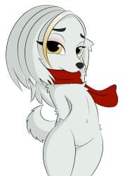 anthro anthrofied canine cub dreameclipsewolf female furry layla_(roadside_romeo) pussy red_scarf roadside_romeo scarf solo tail transparent_background white_fur yellow_eyes