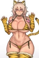 absurdres ahoge animal_ears animal_print bikini braid breasts choker cowboy_shot elbow_gloves eyebrows_visible_through_hair fake_animal_ears fake_tail feline female fingerless_gloves gloves grey_hair hair_between_eyes highres kelvin_hiu large_breasts looking_at_viewer navel original purple_eyes simple_background solo swimsuit tail thick_thighs thighhighs thighs tiger_ears tiger_print tiger_tail twin_braids violet_(kelvin_hiu) white_background