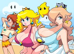 3girls beach big_breasts bikini blonde_hair blue_eyes breast_envy breasts brown_hair cleavage hair_over_one_eye huge_breasts large_breasts long_hair mario_(series) nintendo outdoors pink_bikini princess_daisy princess_peach princess_rosalina small_breasts super_mario_bros. superspoe swimsuit tomboy