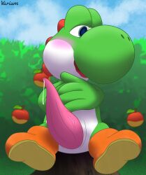 absurd_res animal_genitalia animal_penis apple bashful big_penis blush bodily_fluids cum dialogue digital_media_(artwork) dinosaur dripping english_text erection food fruit genital_fluids genitals grass green_yoshi hi_res leaking leaking_cum leaking_precum looking_away looking_down male male_only mario_(series) nintendo open_mouth outside penis plant precum precum_drip precum_string presenting reptile scalie shy sky smile solo super_mario_bros. tapering_penis text tongue tree_stump varium video_games yoshi