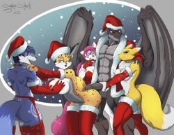 anthro anthro_on_anthro ass balls bandai_namco black_body blue_body blue_eyes blue_fur blue_hair bodily_fluids breast_grab breasts bucky_o'hare_(series) christmas christmas_clothing christmas_headwear claws clothed clothing crossover detailed_background digimon digimon_(species) domestic_cat dragon duo fangs felid feline felis female female/female fluffy fluffy_tail fur gangbang genital_fluids genitals green_body green_eyes grey_body group group_sex hair hand_on_breast hat headgear headwear hi_res holidays horn interspecies jenny_(bucky_o'hare) krystal looking_pleasured male male/female mammal miyu_lynx multicolored_body muscular muscular_male nintendo nipples open_mouth open_smile partially_clothed penis pink_body pink_fur pink_hair pussy red_eyes renamon reverse_gangbang santa_hat savageshark scalie sex smile star_fox tamati teeth tongue two_tone_body vein veiny_penis video_games western_dragon white_body white_fur wings yellow_body yellow_fur