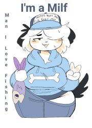 big_breasts black_fur blush breasts canid canine canis clothed clothing dog dog_ears dog_tail domestic_dog english_text female fish fur furry hair hat holding holding_object hoodie meme one_eye_obstructed panties peace_sign pepper_(puppychan) puppychan simple_background sweat sweatpants tagme tail text thick_thighs thighs v_sign voluptuous white_background white_fur white_hair