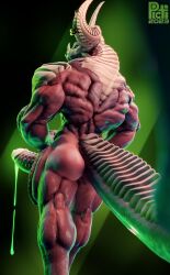 3d ass back_view bodily_fluids bone_pattern demon dragon genital_fluids hi_res huge_cock male male_only manly muscular muscular_back muscular_thighs nude_male picti piercing precum radu scales solo_male standing tagme