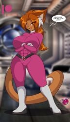 1girls 2022 anthro bodysuit breasts brown_fur chica_(mastergodai) crossed_arms ear_tuft feline female female_only furry huge_breasts knuckle_up! looking_at_viewer lynx mastergodai muscular muscular_female rascals smile solo speech_bubble text thick_thighs voluptuous wide_hips