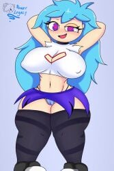 big_breasts clothing cyan_hair female friday_night_funkin heart-shaped_pupils long_hair nipple_bulge powerblueflower purple_eyes seductive sky skyblue skyblue_(friday_night_funkin) skyverse thick_thighs