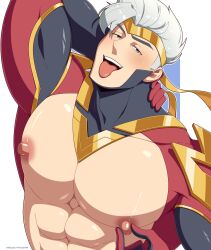 1boy bara big_pecs chou_(mobile_legends) edd_layerex huge_pecs male male_only mobile_legends muscles nipple_play nipples partially_clothed solo solo_male tongue