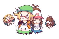 arm_around_shoulders bianca_(pokemon) big_breasts blonde_hair blue_eyes blush bow brown_hair cheeky corruption covering_self crying expressionless glasses hand_on_breast hat hilda_(pokemon) inksgirls mimikyu mimikyufication notice_lines panic pokémon_(species) pokemon ponytail shorts simple_background skirt sleeveless_jacket sleeveless_shirt smile transformation white_background